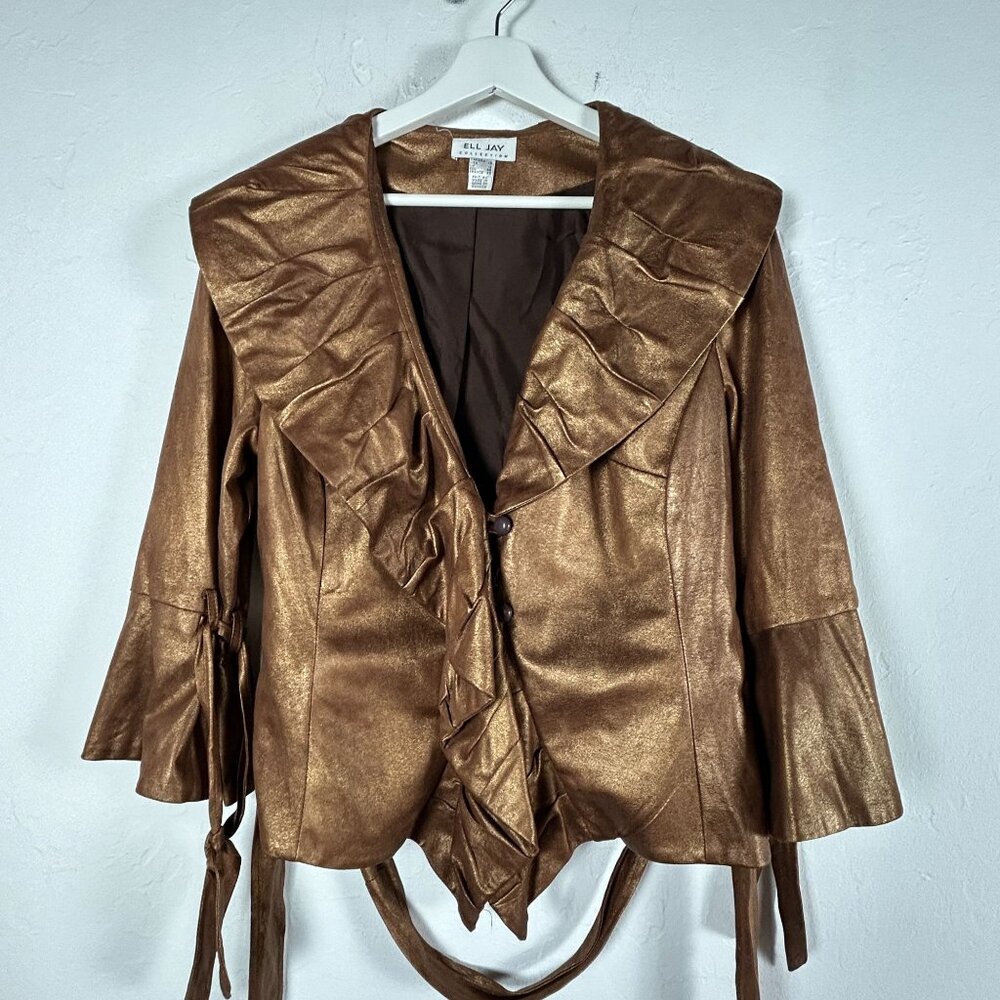 Ell Jay Womens Bronze Ruffle Jacket Women’s 12 Metallic Wide Collar Tie Cuffs